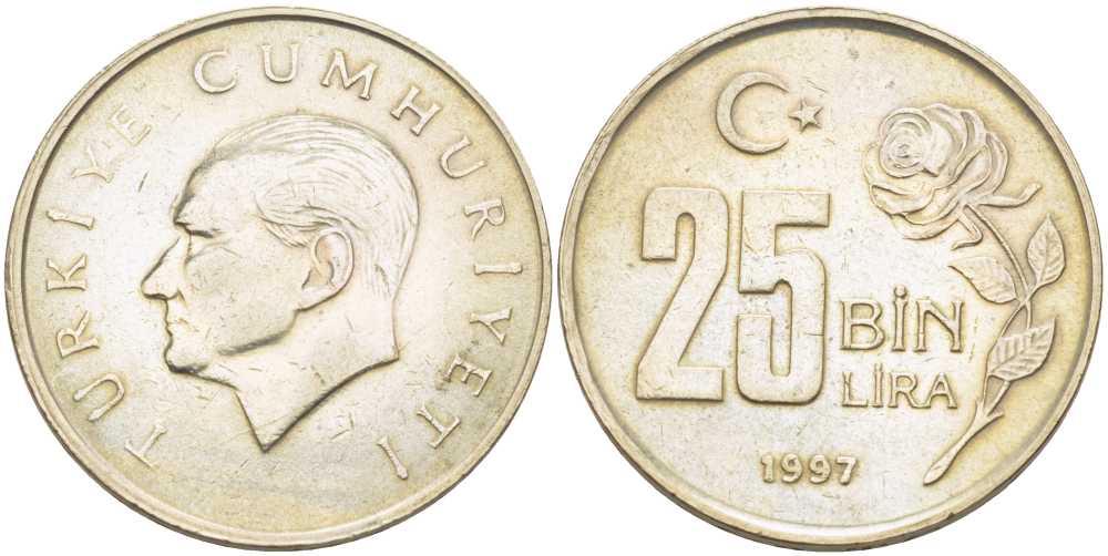 Турция 25000 лир 1997 Мустафа Кемаль Ататюрк KM 1041 медь никель цинк 202-331