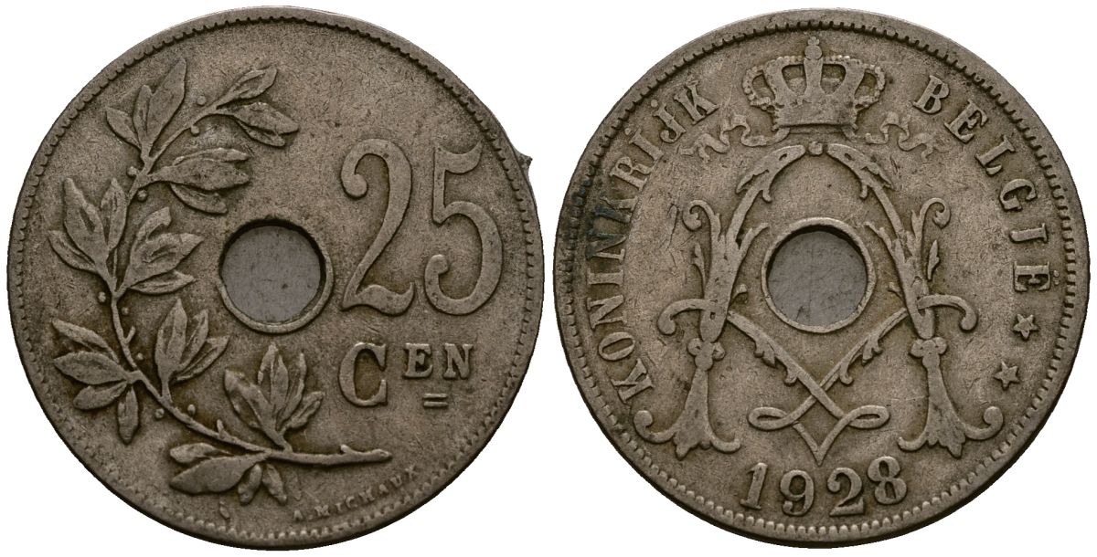 Бельгия 25 сантимов 1928 Belgie KM 69 медно-никель 4403-111