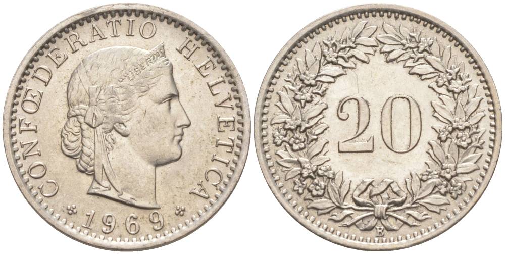 Швейцария 20 раппенов 1969 В KM 29а медно-никель 55-916
