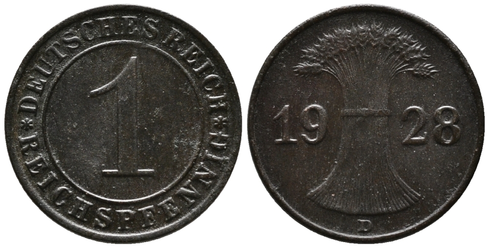 ГЕРМАНИЯ 1 РЕЙХСПФЕННИГ 1928 D KM 37, J. 313 бронза 39-966