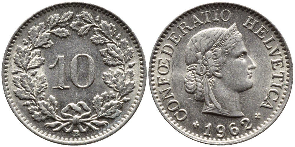 ШВЕЙЦАРИЯ 10 РАППЕНОВ 1962 В KM 27 медно-никель 4392-136
