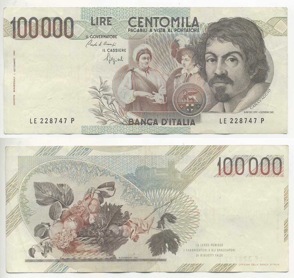 Италия 100000 лир 1983 Караваджо, фруктовый букет, подпись Speziali Pick 110b бумага 7220-22-3