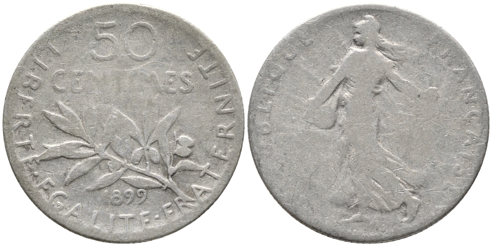 ФРАНЦИЯ 50 САНТИМОВ 1899 ТИП СЕЯТЕЛЬ KM 854, LE FRANC 190.5 серебро 99-1136