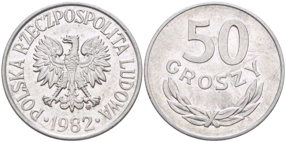 ПОЛЬША 50 ГРОШЕЙ 1982 MW KM 48.1, Parchimowicz 210o алюминий 4514-517
