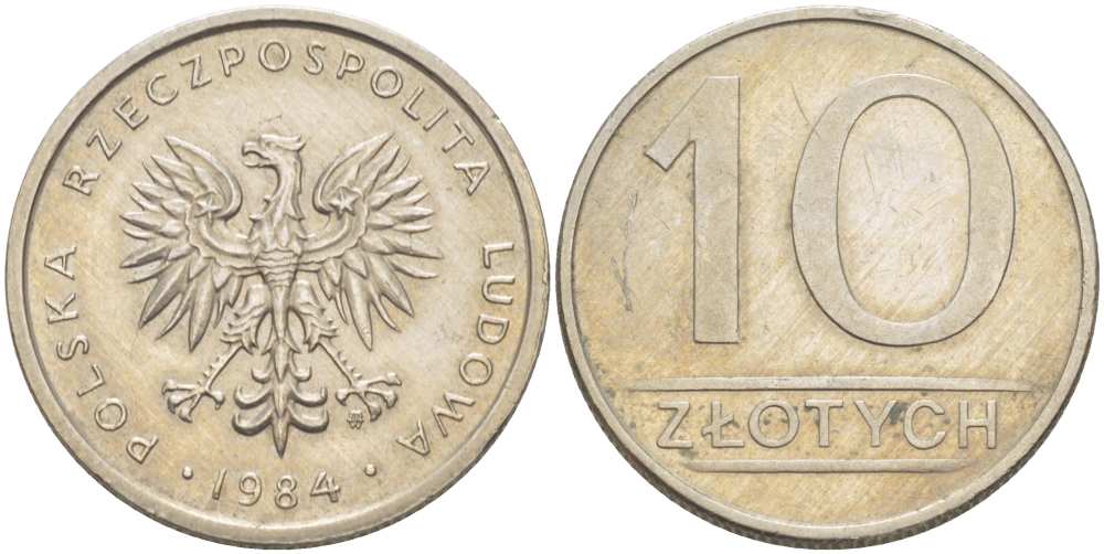 ПОЛЬША 10 ЗЛОТЫХ 1984 MW KM 152.1, Parchimowicz 243a медно-никель 4514-544