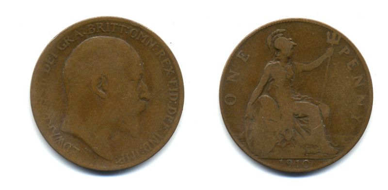 Великобритания 1 пенни 1910 Эдуард VII (1901-1910) KM 794.2, Spink 3990 бронза 47-833