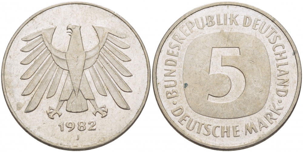 ФРГ 5 марок 1982 J, KM 140.1, J. 415 медно-никель плакированный никелем 59-1142