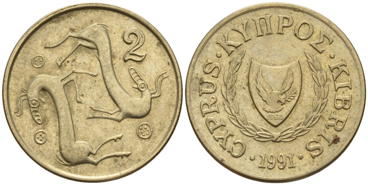 Кипр 2 цента 1991 KM 54.3 никель латунь 4174-1251