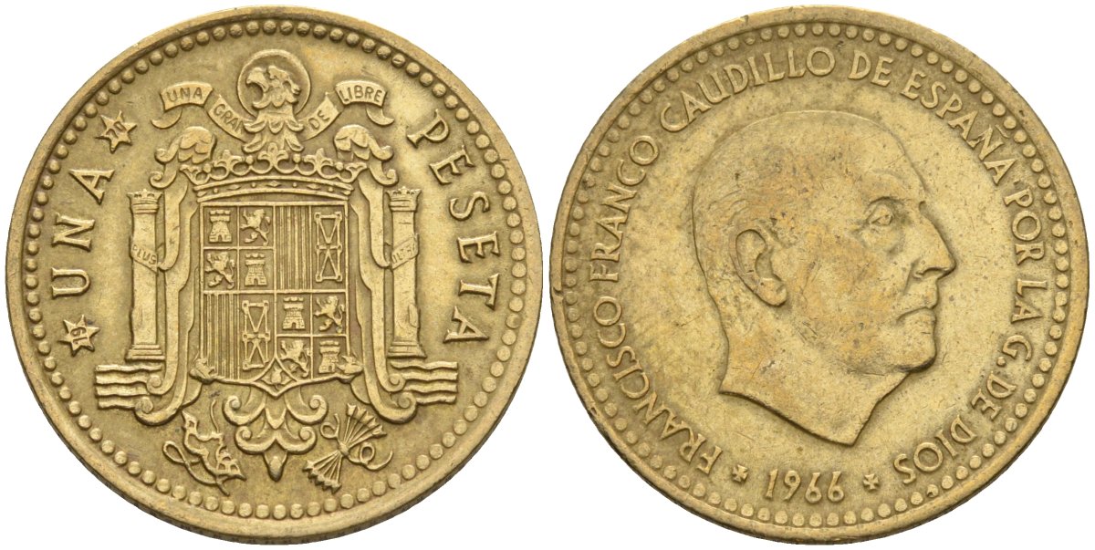 Испания 1 песета 1966 (70) Франсиско Франко (1939-1975) KM 796 алюминиевая бронза 4604-133