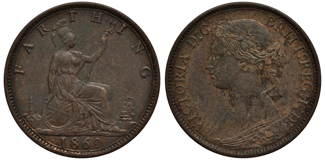 Великобритания 1 фартинг 1869 Виктория (1837-1901) KM 747.2, Spink 3958 бронза 4114-741