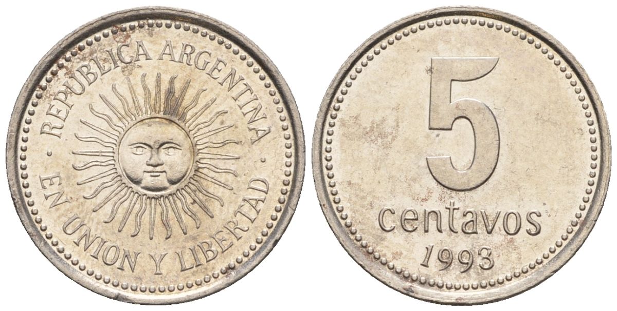 Аргентина 5 сентаво 1993 майское солнце, узкие буквы KM 109a1, CJ 2, Schon 109a медно-никель 4609-1236