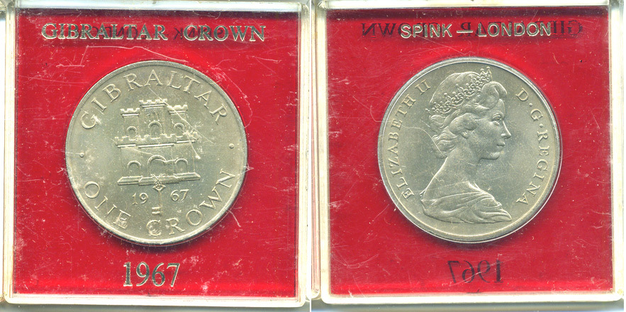 Гибралтар 1 крона 1967 Елизавета II (1952-2022), старый замок, в оригинальной пластиковой коробке, первый год чекана KM 4 медно-никель UNC 6-6-1-20