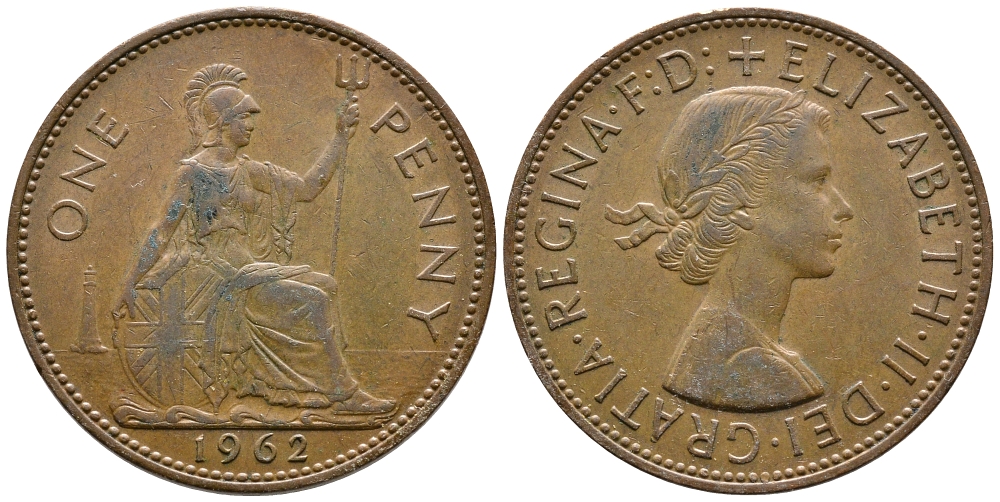 Великобритания 1 пенни 1962 Елизавета II (1952-2022) KM 897, Spink 4157 бронза 83-512