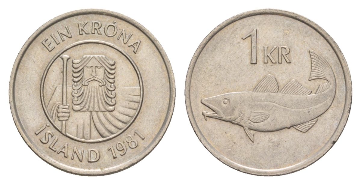 Исландия 1 крона 1981 треска KM 27 медно-никель UNC 4633-1253