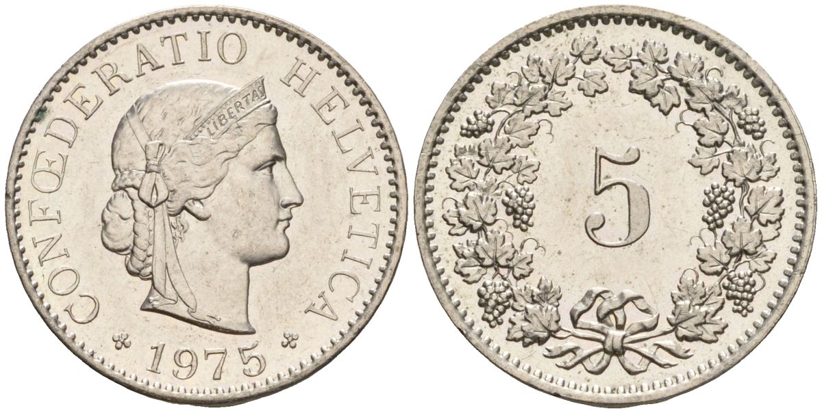 Швейцария 5 раппенов 1975 KM 26 медно-никель 4608-463
