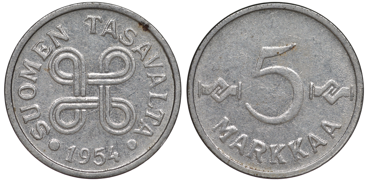 Финляндия 5 марок 1954 KM 37а никелированное железо UNC 3334-1168