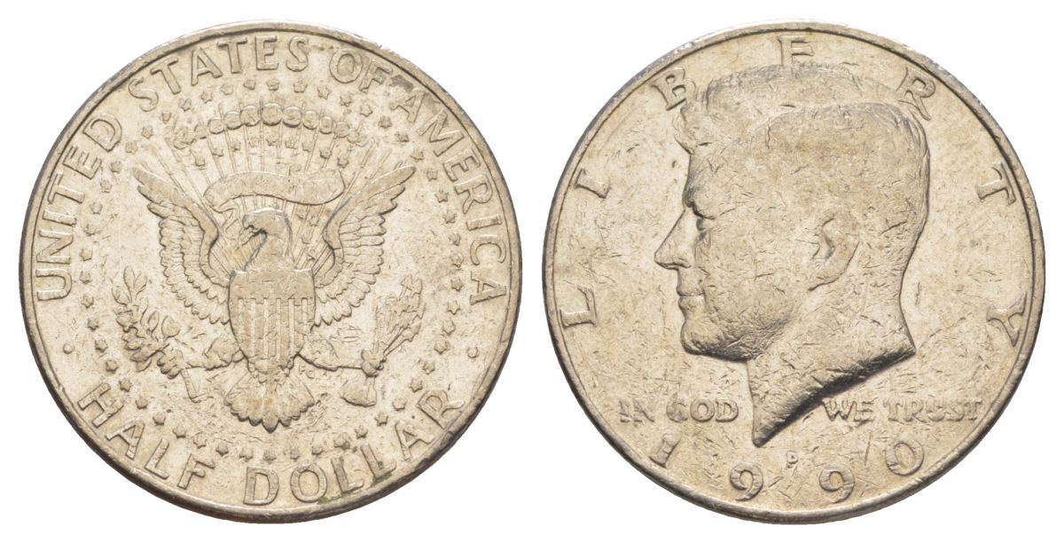 США 1/2 доллара (50 центов) 1990 P, Джон Кеннеди KM A202b медь плакированная медно-никелем aUNC 4517-621