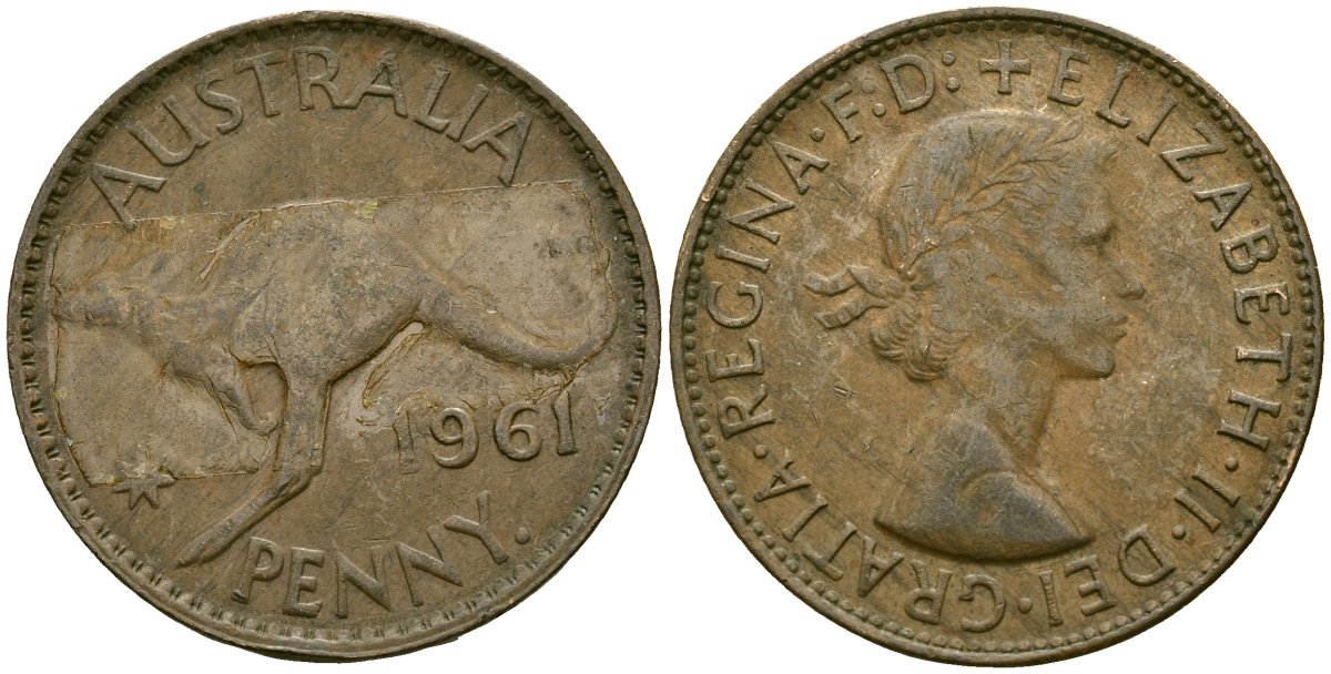 Австралия 1 пенни 1961 Елизавета II (1952-2022), кенгуру KM 56 бронза 4120-733