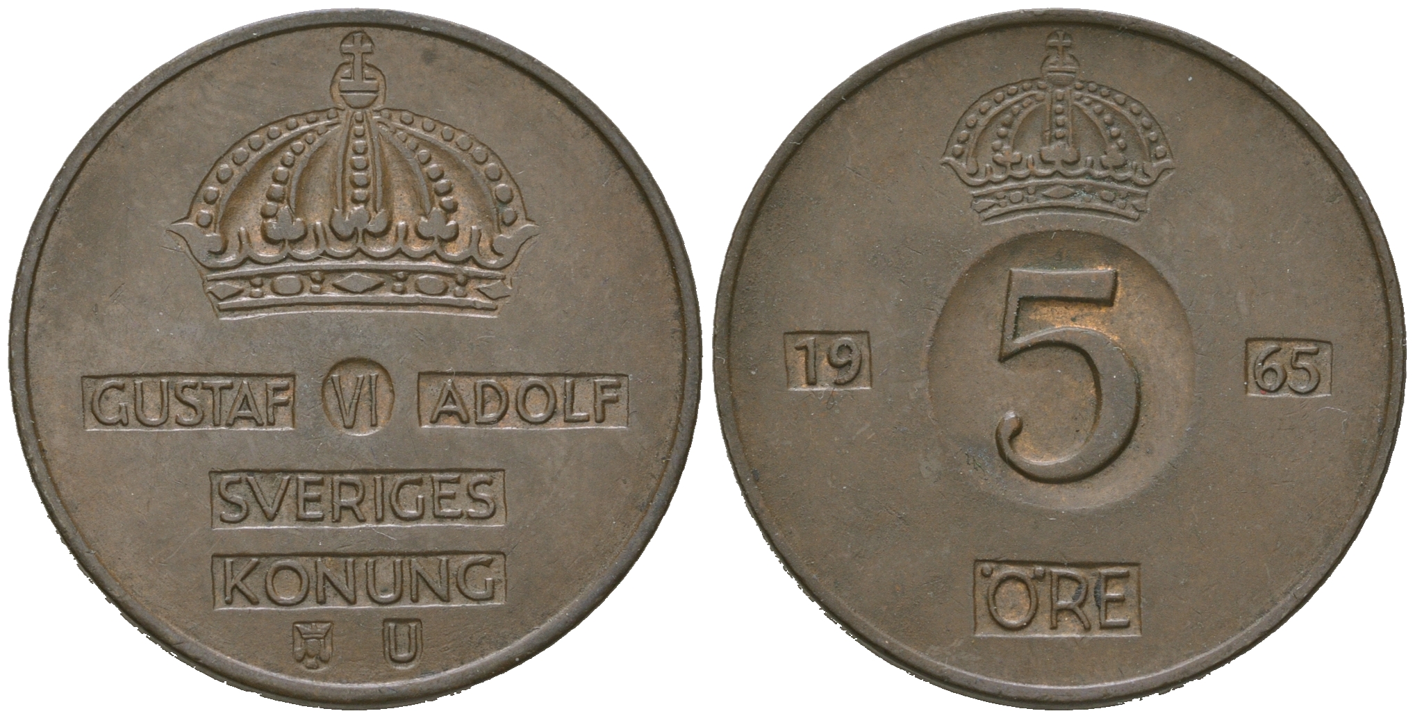 Швеция 5 эре 1965 U, Густав VI Адольф (1950-1973) KM 822 бронза 4641-521