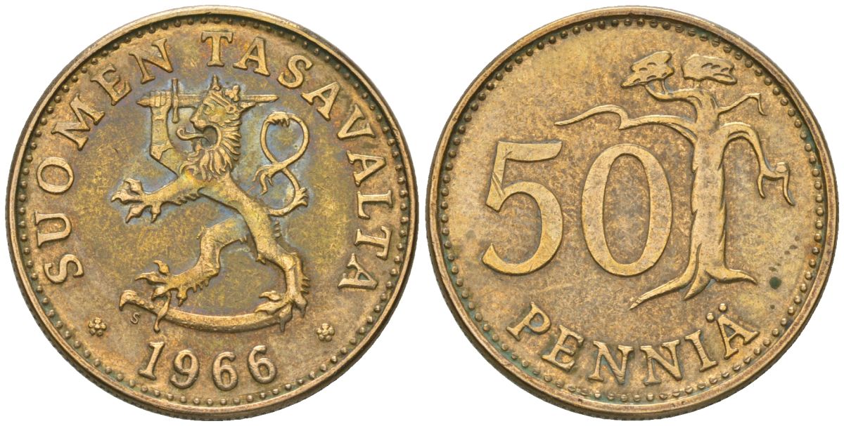 Финляндия 50 пенни 1966 S KM 48 алюминиевая бронза aUNC 4586-534