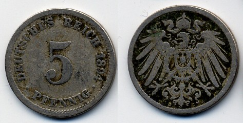 ГЕРМАНИЯ 5 ПФЕННИГОВ 1894 D, KM 11, J. 12 медно-никель 51-5255