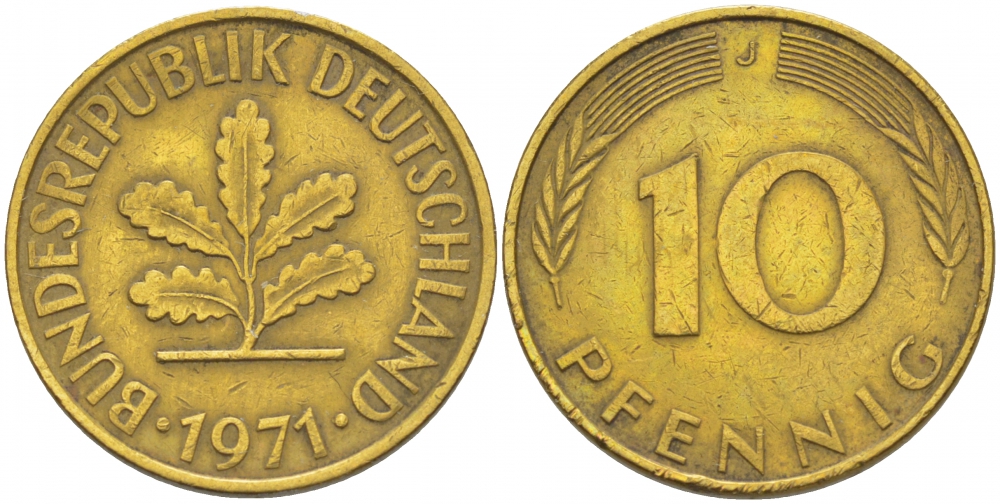 ФРГ 10 ПФЕННИГОВ 1971 J KM 108, J.383 сталь плакированная латунью 3718-743