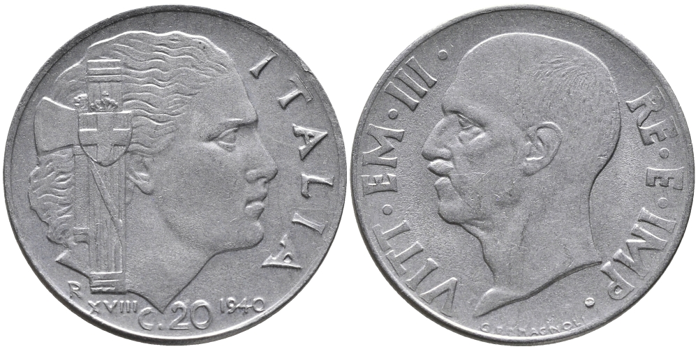ИТАЛИЯ 20 ЧЕНТЕЗИМО 1940 R, ВИКТОР ИМАНУИЛ, XXII ГОД, МАГНИТНАЯ KM 75b нержавеющая сталь 85-324