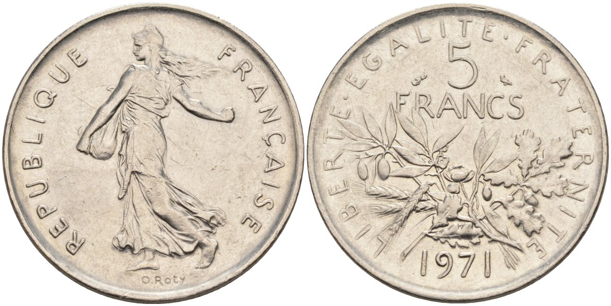 Франция 5 франков 1971 сеятель KM 926a.1, Le Franc 341.3 медно-никель плакированный никелем 4587-1226