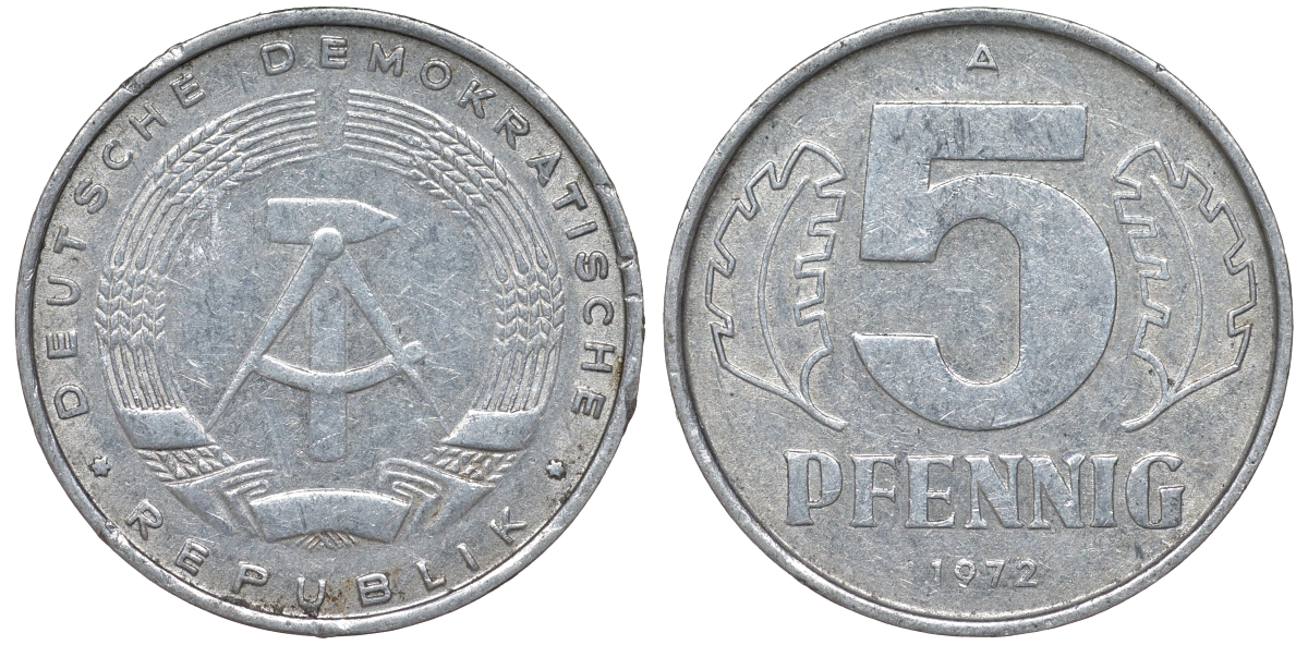 ГДР 5 пфеннигов 1972 A KM 9.1 алюминий 62-244