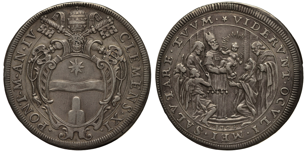 Ватикан 1 пиастр 1704 Климент XI. Сретение Господне Dav. 1432, Muntoni 43 серебро 10-005-50