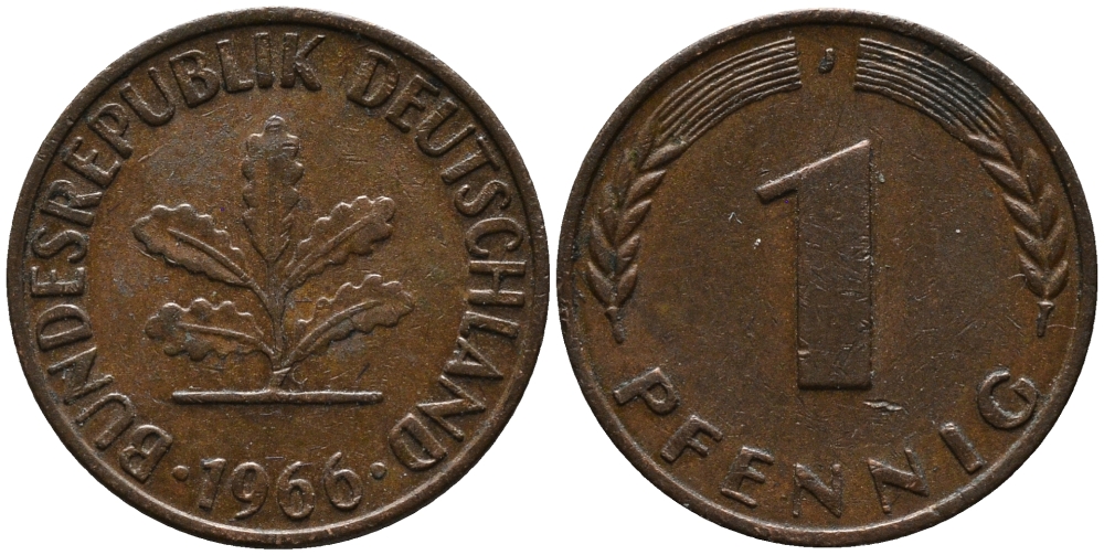 ФРГ 1 пфенниг 1966 J KM 105, J.380 сталь плакированная медью 99-255