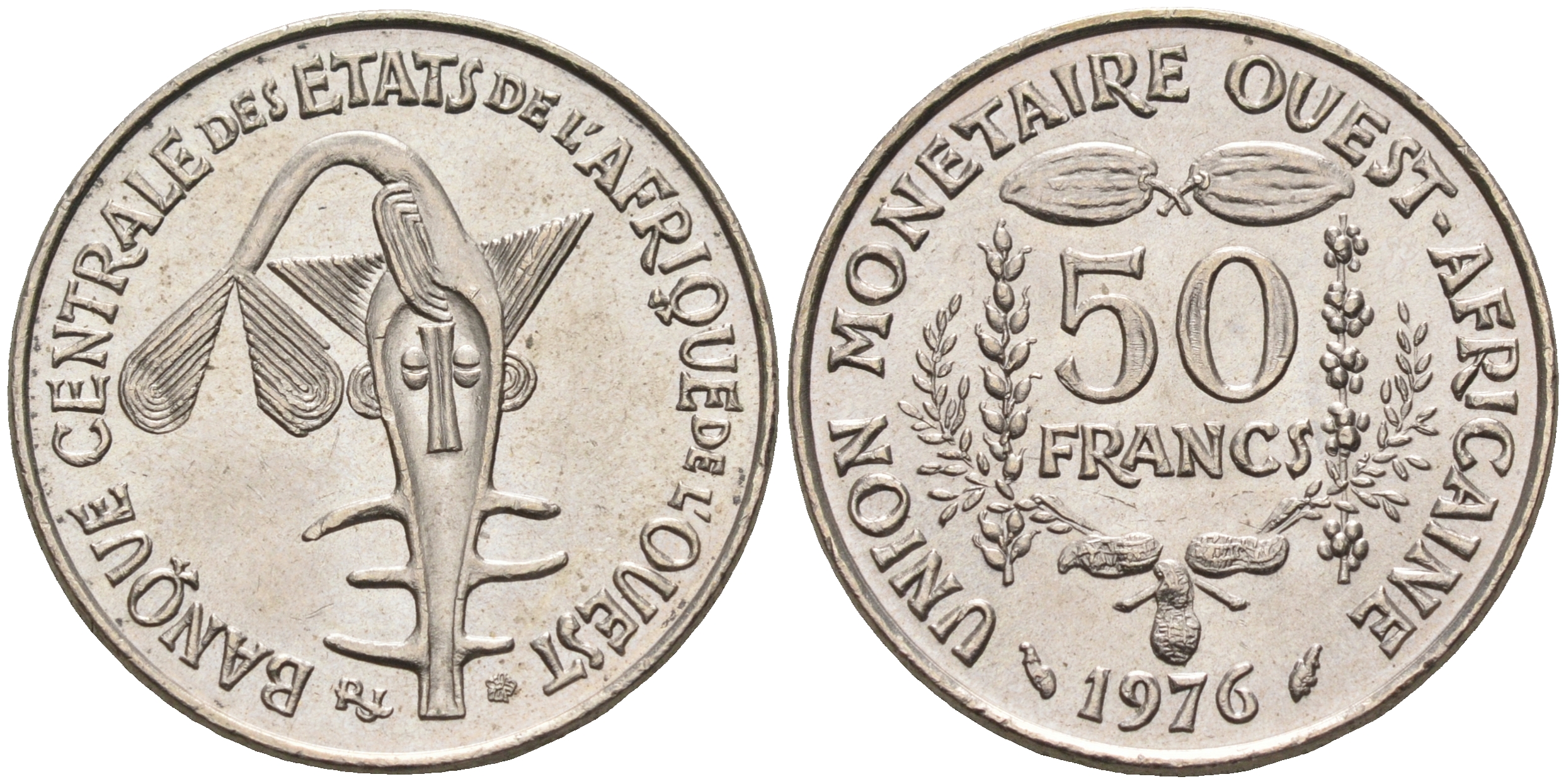 Валютное сообщество стран Западной Африки 50 франков 1976  KM 6 медно-никель  UNC 4595-726