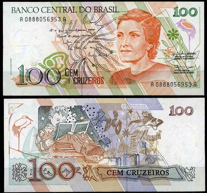 Бразилия 100 крузейро 1990 серия A 0888, Сесилия Мейреллеш Pick 228 бумага UNC (пресс) 2197-41-2-2