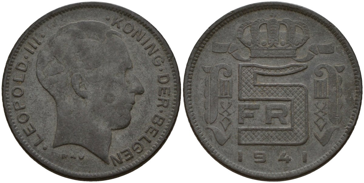 Бельгия 5 франков 1941 DES BELGEN, Леопольд III (1934-1947) KM 129 цинк 4161-912