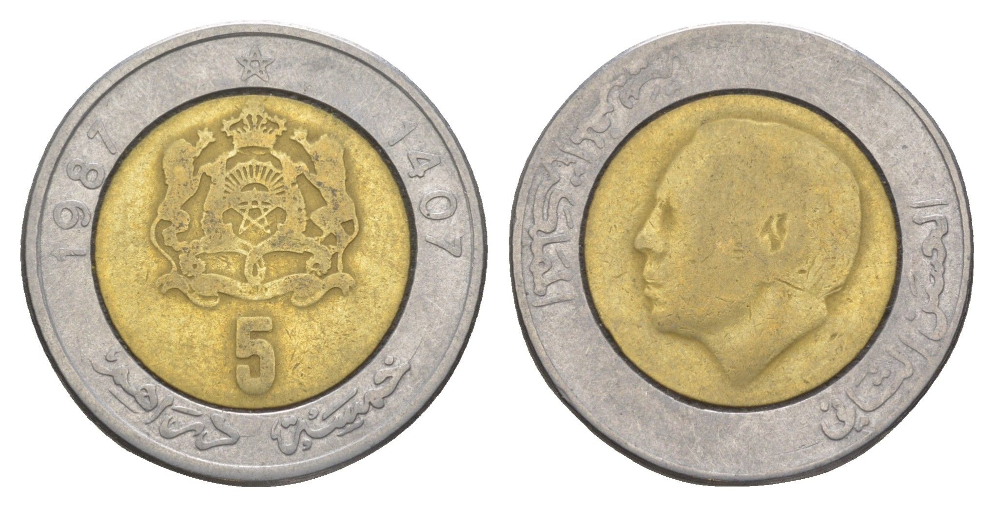 Марокко 5 дирхамов 1987 AH 1407, Хасан II (1961-1999) Y 82 биметалл 4638-242