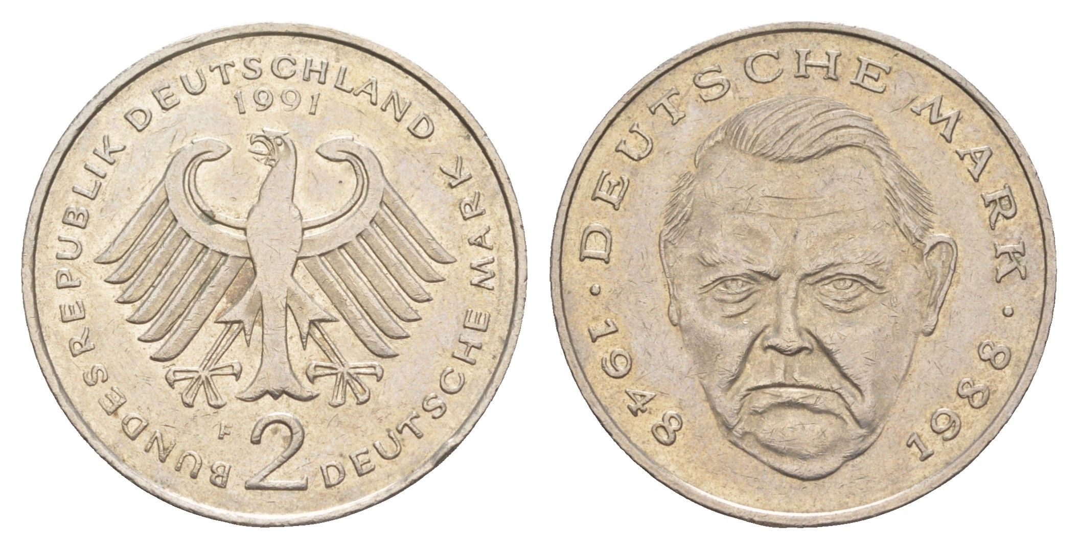 Германия 2 марки 1991 F, Людвиг Эрхард, 40 лет Федеративной Республике (1948-1988) KM 170, J. 445 медь плакированная медно-никелем 4641-843