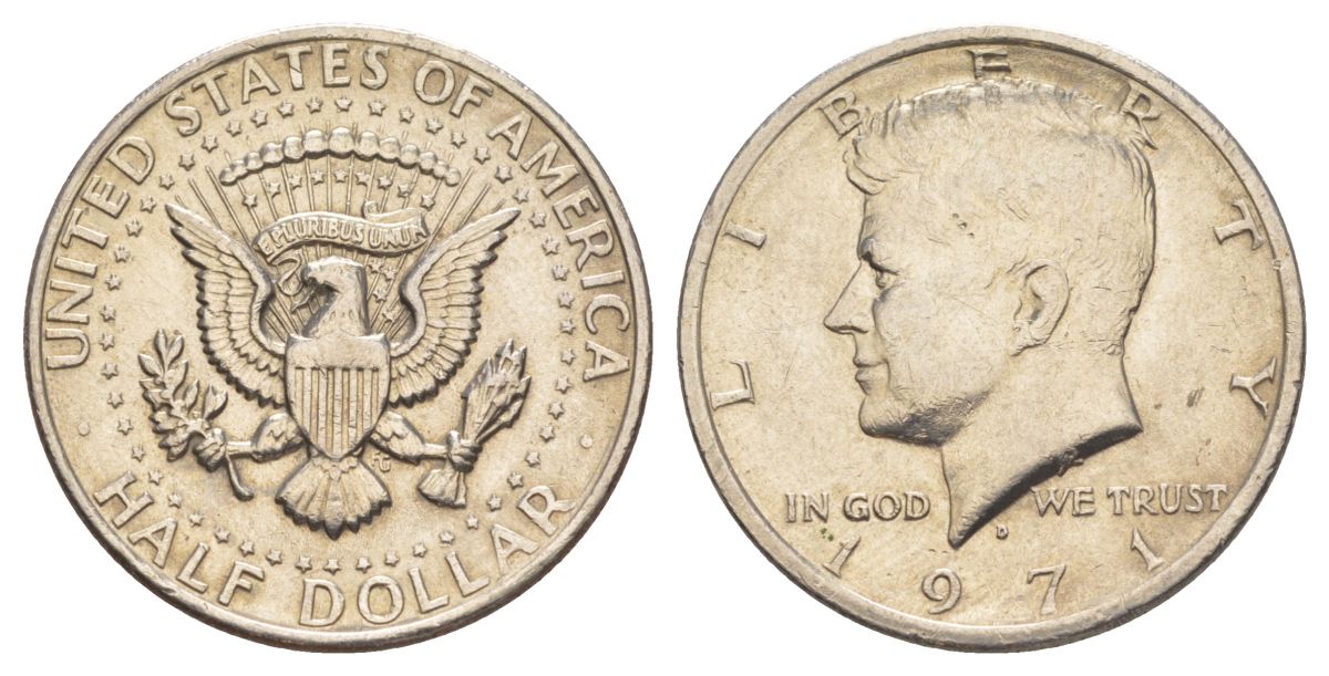 США 1/2 доллара (50 центов) 1971 D, Джон Кеннеди KM 202b медь плакированная медно-никелем aUNC 114-1026