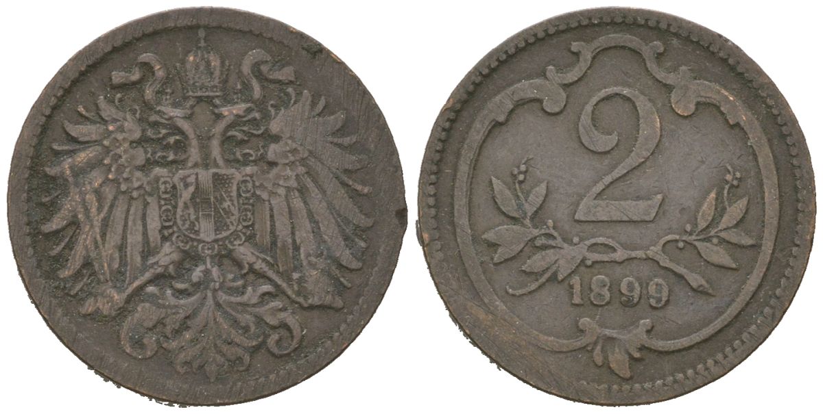 Австрия 2 геллера 1899 Франц Иосиф I (1848-1916) KM 2801 бронза 4615-559