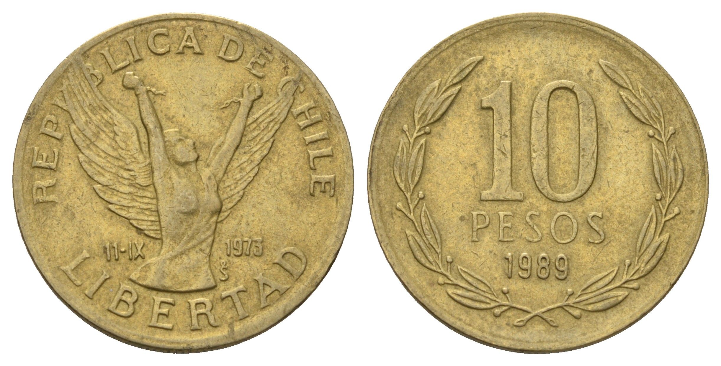 Чили 10 песо 1989 KM 218 латунь 4155-141