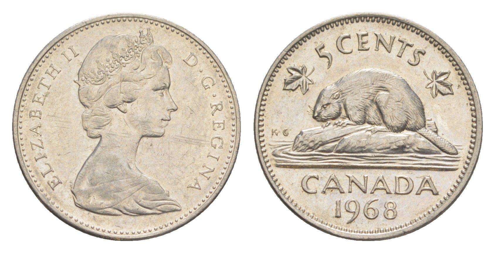 Канада 5 центов 1968 бобр, Елизавета II (1952-2022) KM 60.1 никель 4158-653