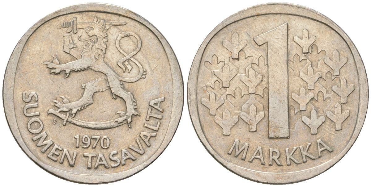 Финляндия 1 марка 1970 S KM 49a медно-никель 4586-552