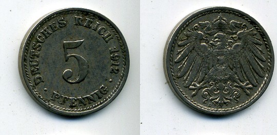 ГЕРМАНИЯ 5 ПФЕННИГОВ 1912 D, KM 11, J. 12 медно-никель 29-347