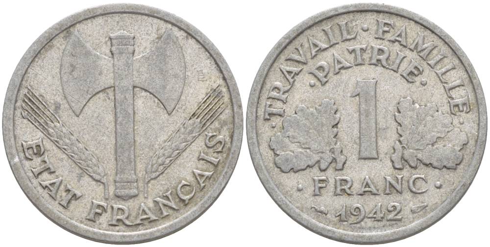 ФРАНЦИЯ 1 ФРАНК 1942 LB, ТИП LOURDЕ, ПРАВИТЕЛЬСТВО ВИШИ KM 902.1, LE FRANC 222.2 алюминий 4544-347
