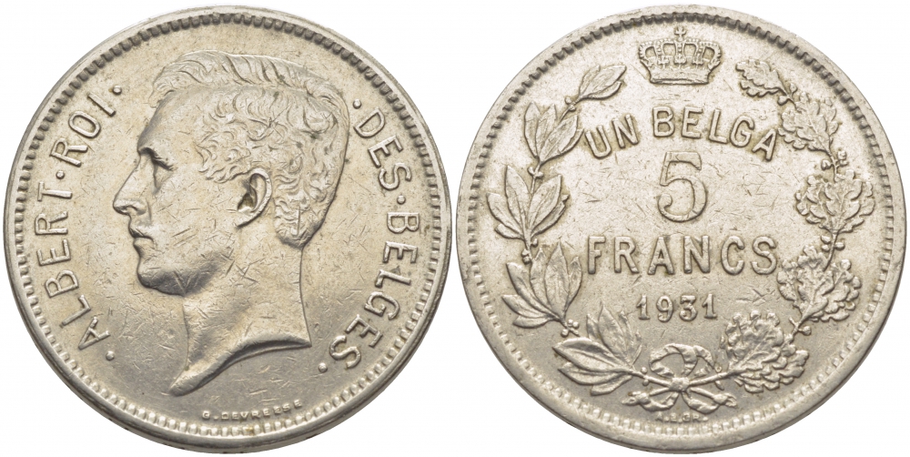 БЕЛЬГИЯ 5 ФРАНКОВ 1931 BELGES KM 97.1 никель 114-836