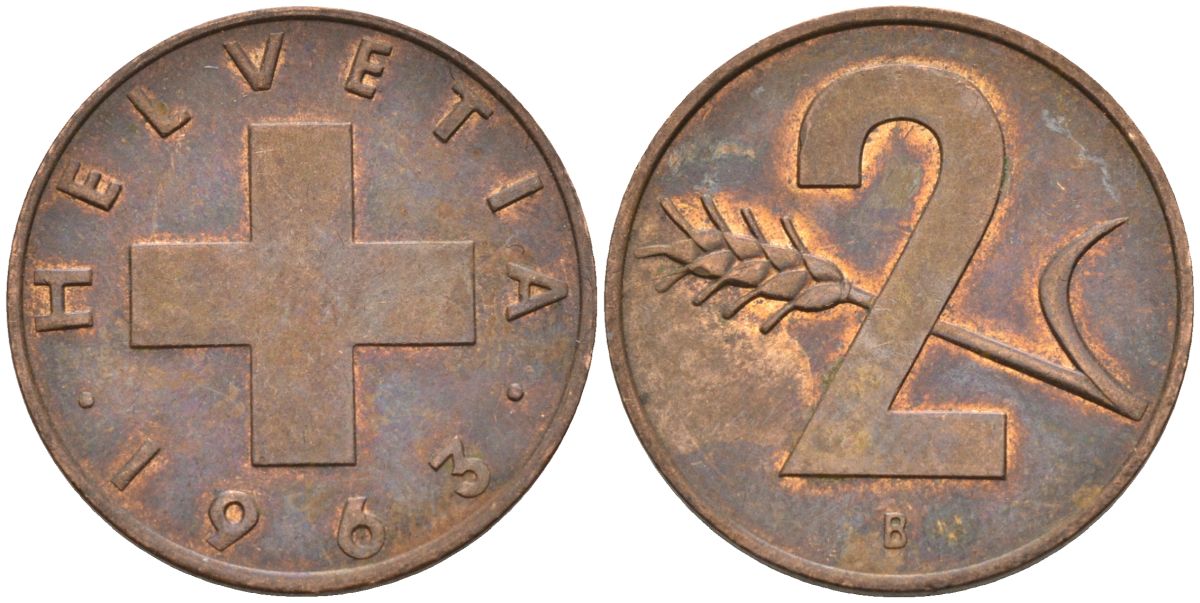 Швейцария 2 раппена 1963 В KM 47 бронза 4582-613