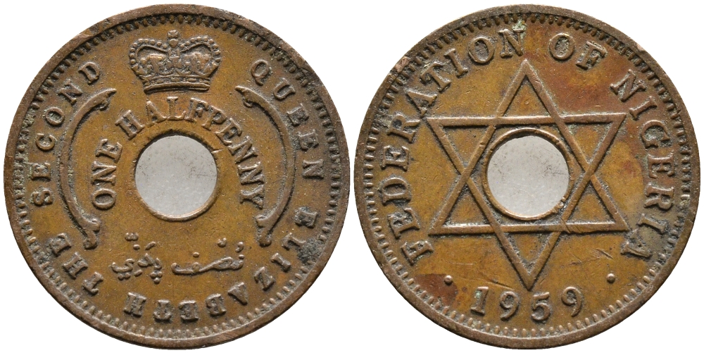 Нигерия 1/2 пенни 1959 Елизавета II (1952-), Британский протекторат KM 1 бронза 4387-168
