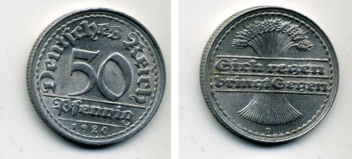 ГЕРМАНИЯ 50 ПФЕННИГОВ 1920 D KM 27, J. 301 алюминий 57-351