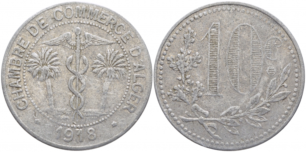 Алжир, Французская оккупация 10 сантимов 1918 Alger Chamber of Commerce KM TnA5 алюминий 114-914