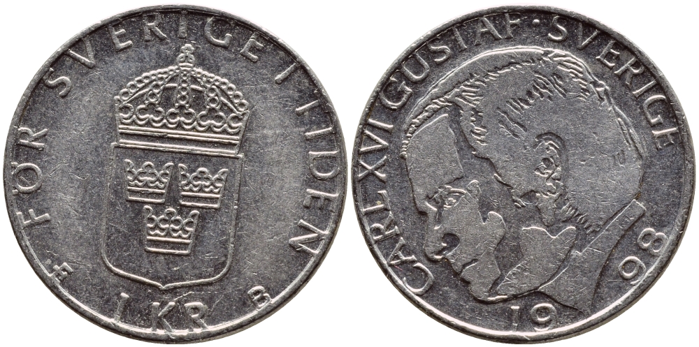 Швеция 1 крона 1998 Карл XVI Густав (1973- ) KM 852a медно-никель 4622-347
