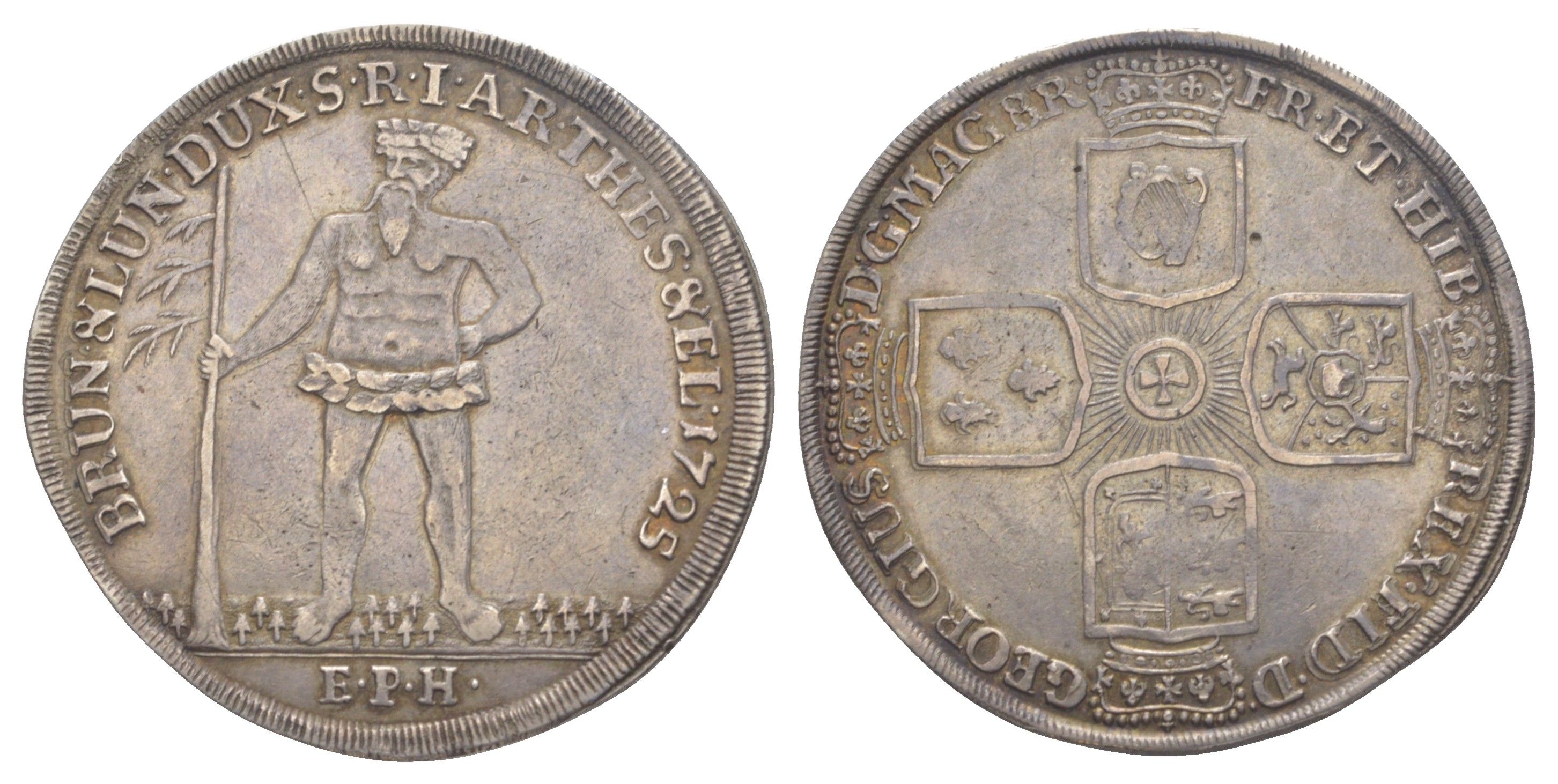 Брауншвейг-Каленберг-Ганновер 1 талер 1725 EPH, дикарь, Георг I (1698-1727), из коллекции Ричарда Б. Смита Davenport 2077, KM 134, Smith 29, Welter 2231 серебро 00-901-10